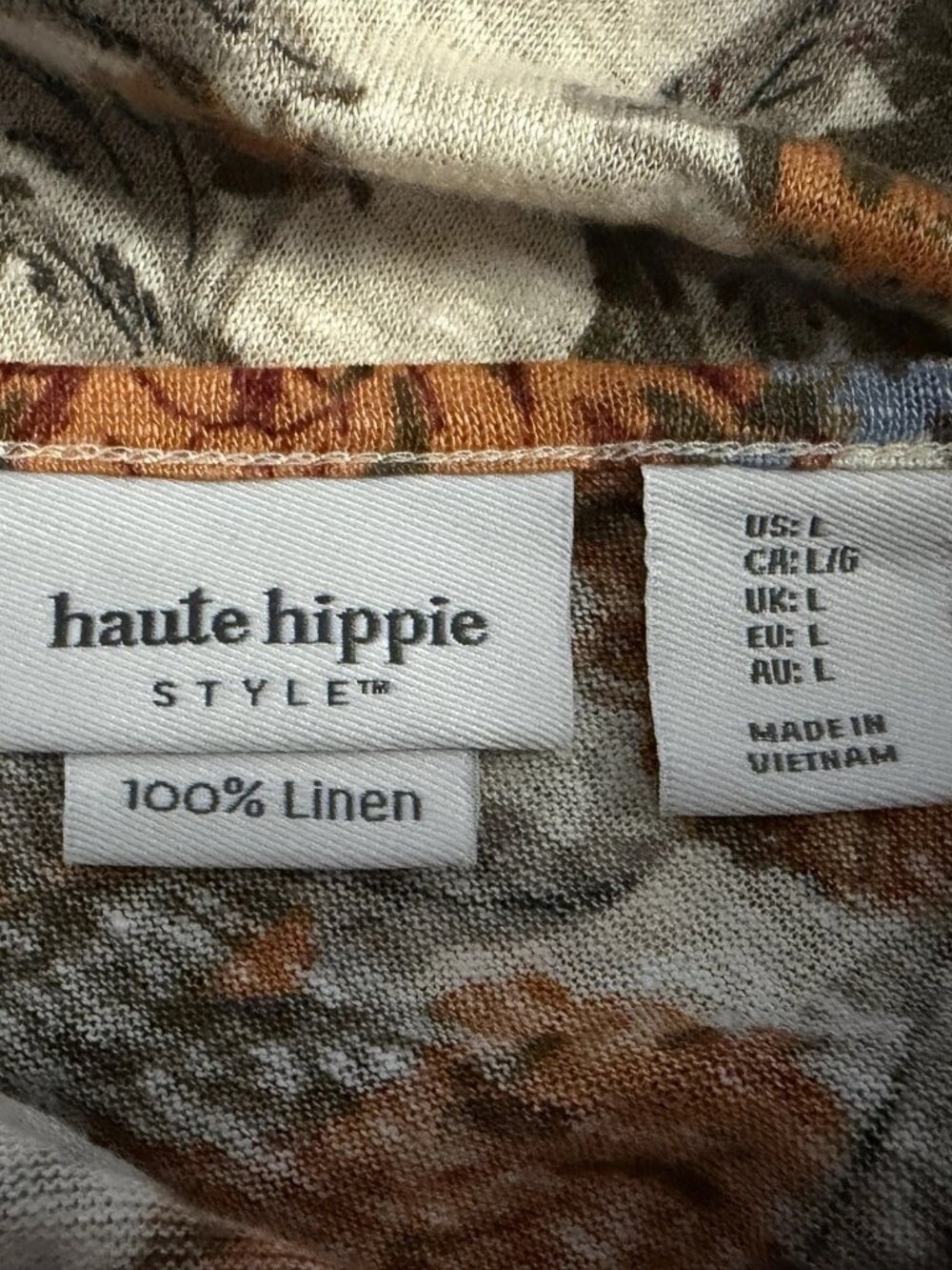 Haute Hippie Linen Blouse Top Size L Cream Orange Floral Abalone Button Back - Picture 8 of 8